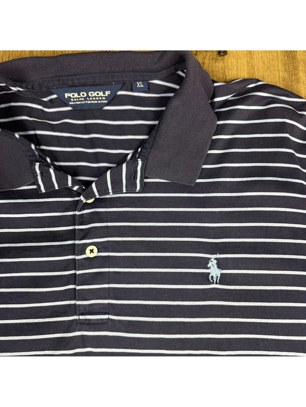 Polo Ralph Lauren Golf Mens XL Custom Fit Polo Navy & White Striped White Pony